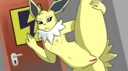 anthro anthrofied breasts door dutch_angle eeveelution female infamousrel jolteon leaning looking_at_viewer nintendo nipples pokeandpenetrate pokemon pose pussy raised_leg sign small_breasts solo spread_legs spreading traditional_media_(artwork) video_games