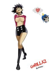 1boy 1girls 2d_(gorillaz) big_breasts birthday breasts cleavage closed_eyes exposed_breasts eyeshadow gorillaz heart kiss_mark makeup navel nipples noodle_(gorillaz) noodle_(jaguar) nude nudity partial_nudity shirt_lift tayashii