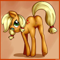 2016 absurdres anibaruthecat anus applejack_(mlp) ass blonde_hair blush border cutie_mark earth_pony equine female female_only feral freckles friendship_is_magic green_eyes highres hooves horse looking_at_viewer mammal my_little_pony pony pussy smile solo underhoof young