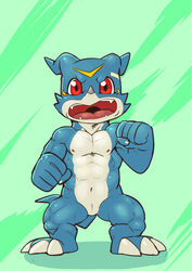 3_toes abs angry animal_genitalia digimon fist front_view frown genital_slit husky_(artist) looking_at_viewer male male_only muscular navel nipples nude open_mouth pecs plantigrade scalie slit solo spread_legs spreading standing toes veemon