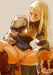 agrias_oaks armor blonde_hair blush bottomless branch_(blackrabbits) clothed_sex clothing female final_fantasy final_fantasy_tactics final_fantasy_tactics_(original) holding_hands imminent_sex long_hair penis pussy spread_legs tears