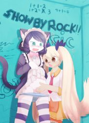 2015 black_hair blonde_hair blood blush blushing canine cat_girl clothing_lift cyan_(show_by_rock!!) cyan_hijirikawa eyewear feline female glasses green_eyes kemono long_hair mammal nosebleed panties pink_bow purple_hair pussy retoree retoree_(show_by_rock!!) school_uniform show_by_rock!! skirt_lift stockings striped_panties striped_thighhighs sunnynoga tail teenager thighhighs uniform young yuri