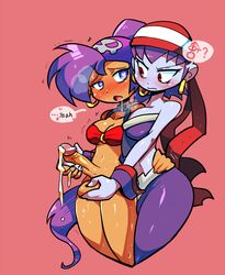 2girls arm_around_waist balls bandana breasts caressing_balls cleavage crap-man cum dark_skin drooling earrings english erection female female_on_futa futanari futasub handjob intersex jewelry large_balls medium_breasts no_panties penis purple_hair purple_skin risky_boots shantae shantae_(character) shantae_and_the_pirate's_curse speech_bubble