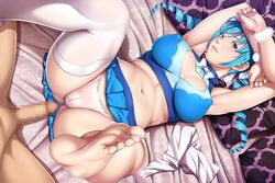 armpits arms_up barefoot bed blue_hair blue_skirt bowtie breasts cameltoe censored cleavage clothed_female_nude_male drill_hair empress_energy_ectsasy erect_nipples feet female game_cg highres large_breasts legs legs_up long_hair looking_at_viewer lying midriff miniskirt mosaic_censoring navel on_back on_bed panties penis pillow purple_eyes sei_shoujo skirt soles solo_focus thighhighs thighs tied_hair toes twintails underwear