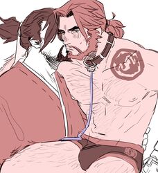 2boys bara cole_cassidy collar francishsie hanzo_shimada kissing leash male_only monochrome muscles overwatch restrained romantic sitting_on_person sketch tattoo topless underwear yaoi