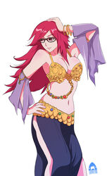 1girls arabian_clothes armpits artist_name bare_shoulders blush bra bracelet breasts dancer dancing female female_only fingers glasses gold hand_on_head hand_on_hip hands harem_outfit hips jewelry large_breasts long_hair looking_away looking_down lots_of_jewelry megane naruto navel red_eyes red_hair sharknob shiny shiny_skin smile solo stomach uzumaki_karin very_long_hair white_background