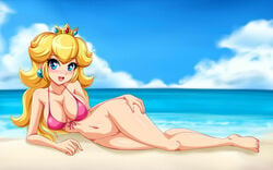 1girls arm_support armpits ass_focus barefoot beach big_breasts bikini bikini_top blonde_hair blue_eyes blush bottomless breasts bubble_ass bubble_butt busty butt_focus clouds crown dat_ass earrings feet female huge_ass huge_breasts jewelry large_breasts long_hair looking_at_viewer lying mario_(series) navel nintendo ocean on_side open_mouth pink_bikini princess_peach pussy sigurdhosenfeld smile uncensored vagina water