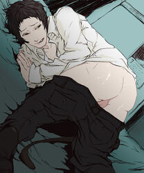 1boy ass bed male male_only pants_down persona persona_4 solo tohru_adachi undressing