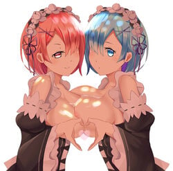 2girls areolae arm_garter blue_eyes blue_hair blush breast_press breasts breasts_out bust_cup busty cleavage cum cum_in_cleavage female hair_ornament hair_over_one_eye hairband heart heart_hands heart_hands_duo large_breasts liquid long_sleeves maid multiple_girls noboru_(pixiv8503150) one_eye_covered ram_(re:zero) re:zero_kara_hajimeru_isekai_seikatsu red_eyes red_hair rem_(re:zero) ribbon shiny short_hair siblings simple_background sisters sunlight twins unknown_liquid voluptuous white_background