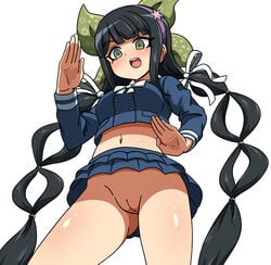 bangs black_hair blunt_bangs braid chabashira_tenko cowboy_shot danganronpa eyelashes female fighting_stance from_below green_eyes hair_ribbon hairband innie_pussy kerokero00frog long_hair long_twintails looking_at_viewer looking_down midriff mole mole_under_mouth new_danganronpa_v3 no_panties pleated_skirt pussy ribbon school_uniform simple_background skirt smile solo straight_hair tied_hair twin_braids very_long_hair white_background