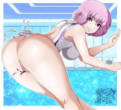 1girls absurdres ass breasts female female_only highres indoors kawai_hanabi keijo!!!!!!!! large_breasts looking_at_viewer monteferro one-piece_swimsuit pink_hair pool purple_eyes pussy short_hair smile solo swimsuit torn_clothes torn_swimsuit water