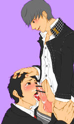 2boys fellatio licking male_only narukami_yu open_mouth persona persona_4 smile tohru_adachi tongue tongue_out yaoi