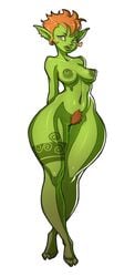 2016 areolae armpit_hair arms_behind_back barefoot breasts ear_piercing earrings erect_nipples eyelashes facial_piercing feet female female_only female_pubic_hair freckles full_body goblin goblin_female green_skin highres humanoid inputwo large_breasts navel nipples nose_piercing nose_ring nude orange_hair piercing pointy_ears pubic_hair puffy_nipples purple_eyes pussy short_hair solo tattoo thick_lips thick_thighs tiff_(negromante) toes white_background