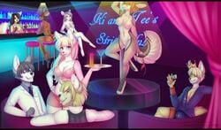 alcohol anthro areola armpits bar beverage big_breasts breasts canine cervine clothed clothing dancing deer feline female fox group male mammal money mouse nipples nude pole pole_dancing pussy rodent sitting smile standing tongue tongue_out xxmteexx