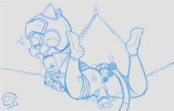 1girls anal_beads anthro anus armor ass bondage bound breasts domestic_cat feline female fur furry helmet jammiez mammal monochrome polly_esther pussy samurai_pizza_cats sex_toy solo suspension tail vibrator