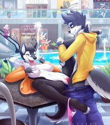 2016 2boys 3girls ambiguous_gender anthro areolae ass blue_eyes breasts canine caprine cervine clitoris closed_eyes clothing covering_another's_eyes covering_eyes deer exhibitionism eyelashes eyewear feet female fennekin fountain furry glasses heart husky jacket lagomorph luxray lysergide male mall mammal nintendo nipples on_back original_character panties pants paws penis pokemon pokemon_(species) public public_sex pussy rabbit security_guard sex sheep shocked smile spread_legs standing straight table tail text tongue tongue_out underwear video_games water young