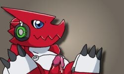 2016 anthro blue_eyes claws cum digimon dragon erection hi_res lusarthel male male_only penis precum presenting shoutmon simple_background smile solo