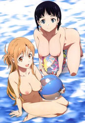 2016 2girls arm_support ball barefoot beach_ball black_hair blue_eyes breasts brown_eyes cleavage collarbone feet hair_ornament hairclip half_updo kirigaya_suguha kneeling large_breasts light_brown_hair long_hair medium_breasts megami_magazine multiple_girls navel nipples nude nude_filter photoshop short_hair sidelocks sitting smile sword_art_online sword_art_online:_fairy_dance wariza yuuki_asuna