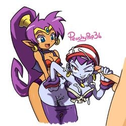 1boy 2girls bisexual bisexual_female cum cum_on_breasts cum_on_face dark-skinned_female dark_skin female light-skinned_male male multiple_girls peachypop34 risky_boots sex_toy shantae shantae_(character) smooth_skin strap-on unseen_male_face white_background yuri