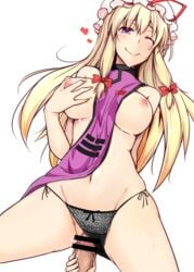 ;) bar_censor black_panties blonde_hair blush bow bow_panties breasts censored closed_mouth commentary_request cowboy_shot female from_below groin guided_penetration hairbow hat hat_ribbon heart jajao large_breasts long_hair looking_at_viewer looking_down mob_cap naked_tabard navel nipples one_eye_closed outercourse panties panties_aside penis prodding puffy_nipples purple_eyes red_bow red_ribbon ribbon self_fondle side-tie_panties sidelocks smile solo_focus spread_legs stomach straight sweat tabard touhou trigram underwear white_background yukari_yakumo