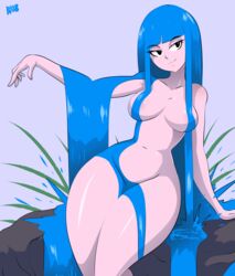 1girls bigdeadalive blue_hair breasts casual cleavage female female_only flowing_hair humanoid kelda_(akairiot) long_hair navel nude nudist original pale_skin solo thick_thighs water_hair