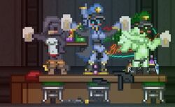 2016 3girls alcohol animated avian bar beak belt beverage big_breasts bird blush boots bouncing_breasts breasts coat cup drinks feathers female figlock footwear glitch_(starbound) green_skin group hat humanoid jacket mammal mrs_bartender multiple_girls nevi_dustfeather novakid nude panties pants pixel pixel_art sign standing standing_tough star starbound stool topless underwear