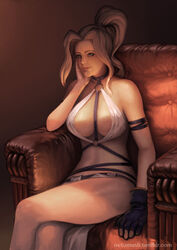 breasts clothing gloves jeane large_breasts sitting smile suikoden thighs white_hair yellow_eyes