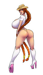 artist_request blue_eyes boots braids breasts brown_hair cleavage cowboy_hat freckles hat high_heel_boots high_heels huge_breasts legend_of_queen_opala long_hair smile sunny-sue-ellen_(legend_of_queen_opala) thong tied_hair twintails