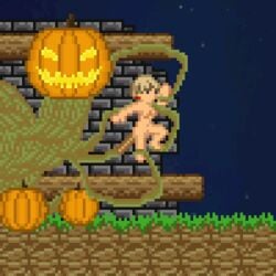 animated blonde_hair breasts female fire food forced fruit gif halloween holidays jack-o-lantern night outdoors pixel_art pumpkin rape starbound tentacle travelling_merchant