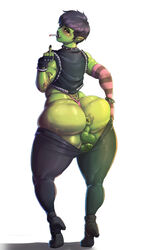 anal_lips anus ass balls big_butt blush cigarette clothing dharkan donaught femboy fingerless_gloves girly gloves green_skin huge_ass huge_butt humanoid looking_back male middle_finger orc orc_femboy penis pointy_ears smoking solo solo_male swollen_anus taint tattoo thick_thighs tusks wide_hips