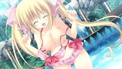 annemarie_lohenstein bikini blonde_hair blush breasts closed_eyes female gaku_ou game_cg hair_ribbons korie_riko long_hair nipples ribbon solo swimsuit tied_hair twintails wardrobe_malfunction