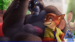 anhes balls black_fur bunny clothing disney feline fox furry furry_only gay grey_fur judy_hopps nick_wilde outdoors panther penis presenting public rabbit red_fur yaoi zootopia