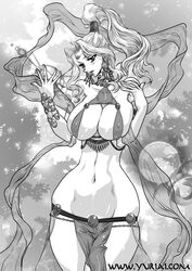 belly_dancer belly_dancer_outfit blush bocas_top chain clothing curvy dancer dancer_outfit earrings harem_outfit jeane jewelry large_breasts loincloth monochrome navel no_panties suikoden yuri-ai