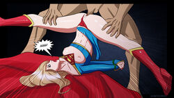 1boy belly blonde_hair blue_eyes breasts cape dc dc_comics depowered english_text female heroineaddict hips kara_zor-el kryptonite large_breasts legs legwear lips long_hair male nail_polish navel nipples penetration penis pussy sex shoes skirt solo spread_legs supergirl superman_(series) teeth text thighs torn_clothes vagina vaginal_penetration