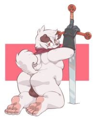 4_toes ass backsack balls brown_fur canine clothing fur gazpacho_(artist) gloves kneeling lambent_panpan looking_back male male_only mammal melee_weapon neckerchief overweight raised_tail simple_background solo sword toes weapon white_fur