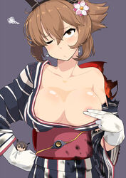 alternate_costume alternate_eye_color anchor areolae breasts brown_eyes brown_hair burnt_clothes character_doll collarbone commentary_request covering_nipples earrings eyebrows eyebrows_visible_through_hair fan female flower gloves hair_between_eyes hair_flower hair_ornament headgear highres japanese_clothes jewelry kantai_collection kimono kozou_(rifa) large_breasts long_sleeves looking_at_viewer mutsu_(kantai_collection) nagato_(kantai_collection) obi one_eye_closed paper_fan purple_background sash short_hair solo striped_kimono torn_clothes white_gloves wide_sleeves yukata