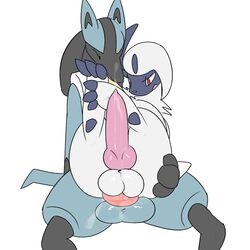 2016 absol anal anal_sex animal_genitalia animal_penis balls canine canine_penis closed_eyes cum cum_in_ass cum_inside cum_while_penetrated duo erection jackal knot lucario mammal nintendo pcred566 penetration penis pokemon pokemon_(species) red_eyes semi-anthro simple_background video_games