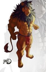 2016 abs balls biceps black_hair bulge clothing feline green_eyes hair jockstrap lion male male_only mammal mane muscular muscular_male navel pecs shynjy smile solo underwear