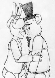 2015 animatronic anthro arm_grab bear black_and_white bonnie_(fnaf) bow_tie buckteeth duo erection five_nights_at_freddy's freddy_(fnaf) frottage hat inkyfrog lagomorph machine male mammal monochrome penis rabbit robot sex side_view simple_background teeth top_hat traditional_media_(artwork) video_games white_background