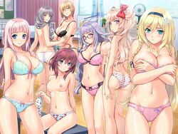 6+girls ahoge aqua_eyes areolae ass bangs black_bra blonde_hair blue_eyes blunt_bangs blush bow bra bra_removed braid breasts brown_hair cleavage covering covering_breasts doi_sayaka frilled_bra frilled_panties frills game_cg glasses green_eyes grey_hair hair_over_shoulder hair_ribbon hairband infirmary large_breasts lavender_hair long_hair looking_at_viewer looking_back miyamoto_tsubasa mochizuki_nozomu multiple_girls navel nipples ole-m panties pink_eyes pink_hair polka_dot polka_dot_bow polka_dot_panties purple_eyes purple_hair reika_mizuki ribbon saimin_class_wonderful sakuragi_ruri scale shinomiya_emiru short_hair smile tachibana_yukino tied_hair twin_braids underwear underwear_only undressing wavy_hair white_panties yuzuki_kei_(saimin_class)