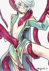 1boy blush lifting male_only mikleo_(tales) restrained slime tales_of_(series) tales_of_zestiria tentacle undressing