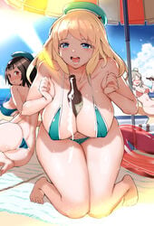 3girls ass atago_(kantai_collection) bare_shoulders beach beach_umbrella between_breasts black_hair blonde_hair blue_eyes blush breasts cleavage closed_eyes drunk erect_nipples female female_only grey_hair hat highres igarasy innertube kantai_collection kneeling large_breasts long_hair looking_at_viewer medium_breasts multiple_girls object_between_breasts open_mouth pola_(kantai_collection) red_eyes sexually_suggestive sitting smile swimsuit takao_(kantai_collection) thighs umbrella