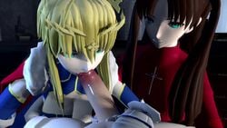 3d animated armor artoria_pendragon artoria_pendragon_(lancer) black_hair blonde_hair blue_eyes collaborative_fellatio crown esk eye_contact fate/grand_order fate_(series) fellatio fringe mp4 no_sound oral pale-skinned_female petite pov source_filmmaker teenager tohsaka_rin twintails video