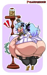 big_belly blush caught_in_the_act cookie cute embarrassed female helpless light_blue_hair post-digestion post-vore short_girl short_stack vore weight_gain
