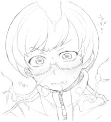 blush cum cum_in_mouth cum_on_clothes facial glasses henyaan_(oreizm) jacket monochrome multiple_penises penis persona persona_4 satonaka_chie short_hair sketch track_jacket