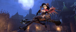 3d absurdres alternate_costume areolae big_breasts blender blizzard_entertainment blonde_hair blue_eyes breasts broom broom_riding broomstick eichenwalde_(map) ellowas female female_only halloween highres mercy nipples nude nude_female overwatch overwatch_2 pink_nipples solo tumblr_username witch witch_hat witch_mercy