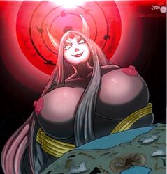 1girls 2014 bare_shoulders black_background breasts breasts_out earth evil_smile female female_only giantess globe goddess grey_skin horns infinite_tsukuyomi kimono large_breasts lipstick long_hair looking_at_viewer maniacpaint milf moon naruto naruto_shippuden nipples nose oddrich otsutsuki_kaguya puffy_nipples red_lipstick rinne_sharingan rinnegan sharingan silver_hair smile solo upper_body very_long_hair white_eyes