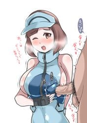 1boy 1girls ace_trainer_(pokemon) ace_trainer_(pokemon_sm) arm_behind_back bare_shoulders big_breasts black_gloves blush breasts brown_eyes brown_hair clothed clothed_female_nude_male clothesjob cum cum_through_clothes cum_under_clothes ejaculation ejaculation_under_clothes erection eyelashes female fingerless_gloves gloves hat heart heavy_breathing human large_breasts male_pubic_hair nose_blush npc_trainer nude one_eye_closed paizuri paizuri_under_clothes penis penis_rubbing_breast penis_under_clothes pokemon pokemon_sm pubic_hair sekitaku short_hair sideboob simple_background solo_focus standing straight testicles text tongue trembling veins veiny_penis visor_cap white_background wince zipper