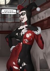 1girls batman_(series) bodysuit breasts cameltoe cleavage dc dc_comics dialogue doctorproxy erect_nipples female female_only harley_quinn harley_quinn_(classic) looking_at_viewer nipples ripped_bodysuit ripped_clothing solo speech_bubble text torn_clothes