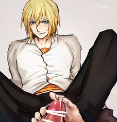 barefoot blonde_hair blue_eyes blush cum eizen_(tales) erection feet footjob grin looking_at_viewer lying male_only naughty_face penis smile smirk sweat tales_of_(series) tales_of_berseria teeth toes yaoi